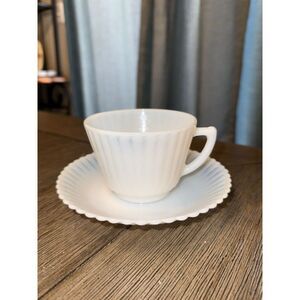 MacBeth Evans Petalware Monax Opalescent White Tea Cup Saucer‎ Set Vintage
